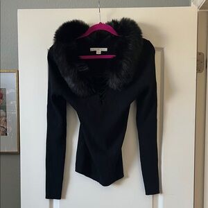 Boston Proper Black Long-Sleeve Top with detachable Faux Fur Collar